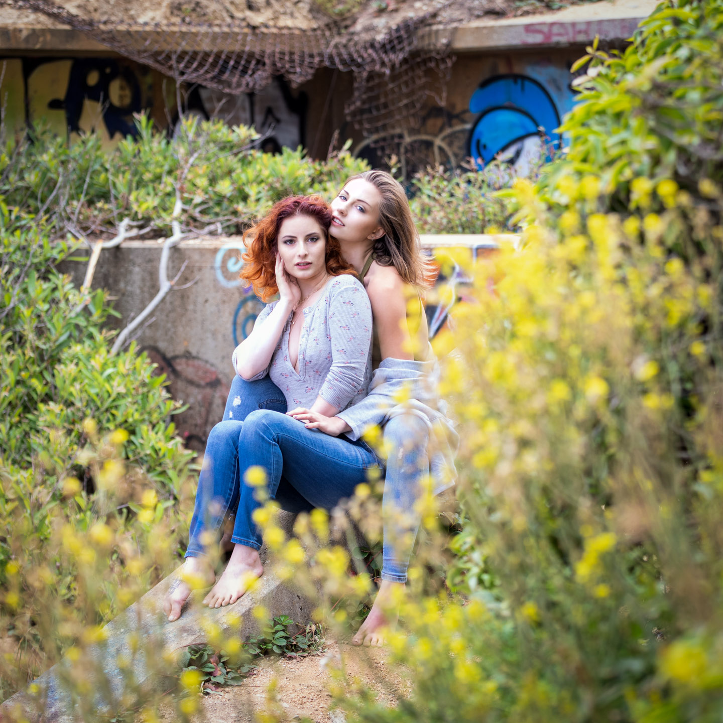 Two friends, close among wildflowers